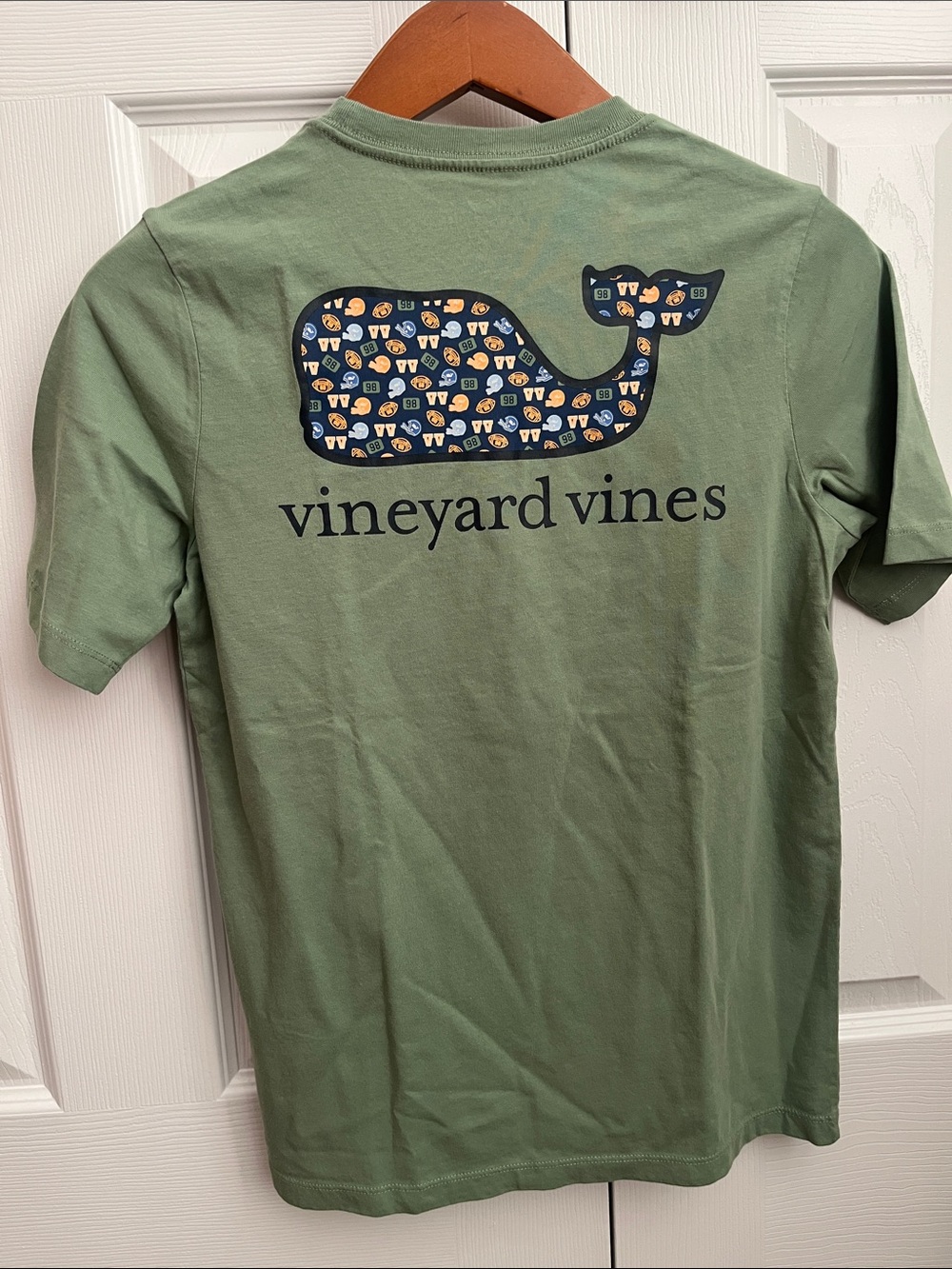 Vineyard Vines Boys Olive Green Short Sleeve Pocket Tee with Football Whale